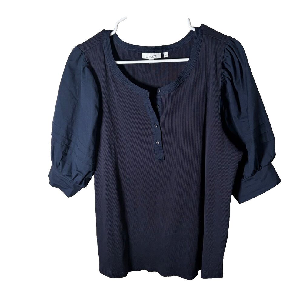 Chico's Blouse Women's 3 XL Puff Sleeve Navy Blue Knit Popover Casual Top